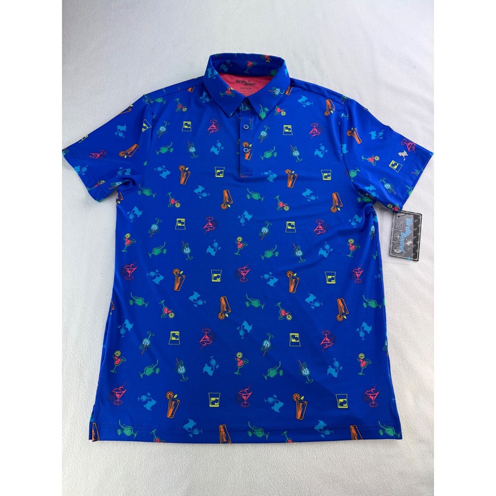 Birdie & Bound Mens Blue Cocktail Print Golf Polo Shirt‎ Size S P CH